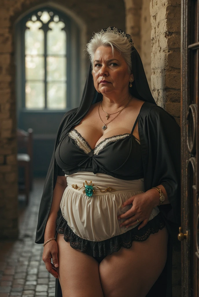 50 years old beautiful woman, big green eye, double chin, wrinkled face, skin imperfections, freckles, moles, upset, strict expression, ((astonishing naked nudist fetish femdom nun)), standing up, elegant, holding a whip, veil, sexy face, sexy, voluptuous, big teardrops , round cute sweet face, detailed skin texture, round sexy ass, look at viewer, sexy femdom, sweet lovely candid expression, fetish clothes, ((transparent sheer sexy lingerie)), bottomless, stockings, in an ancient castle, large breasts, nice nipples covered by braids, excited, inviting big promising smile, ginger hair, two braids, hyper detailed realistic scene, half body shot, dynamic natural pose, nsfw: 1.8