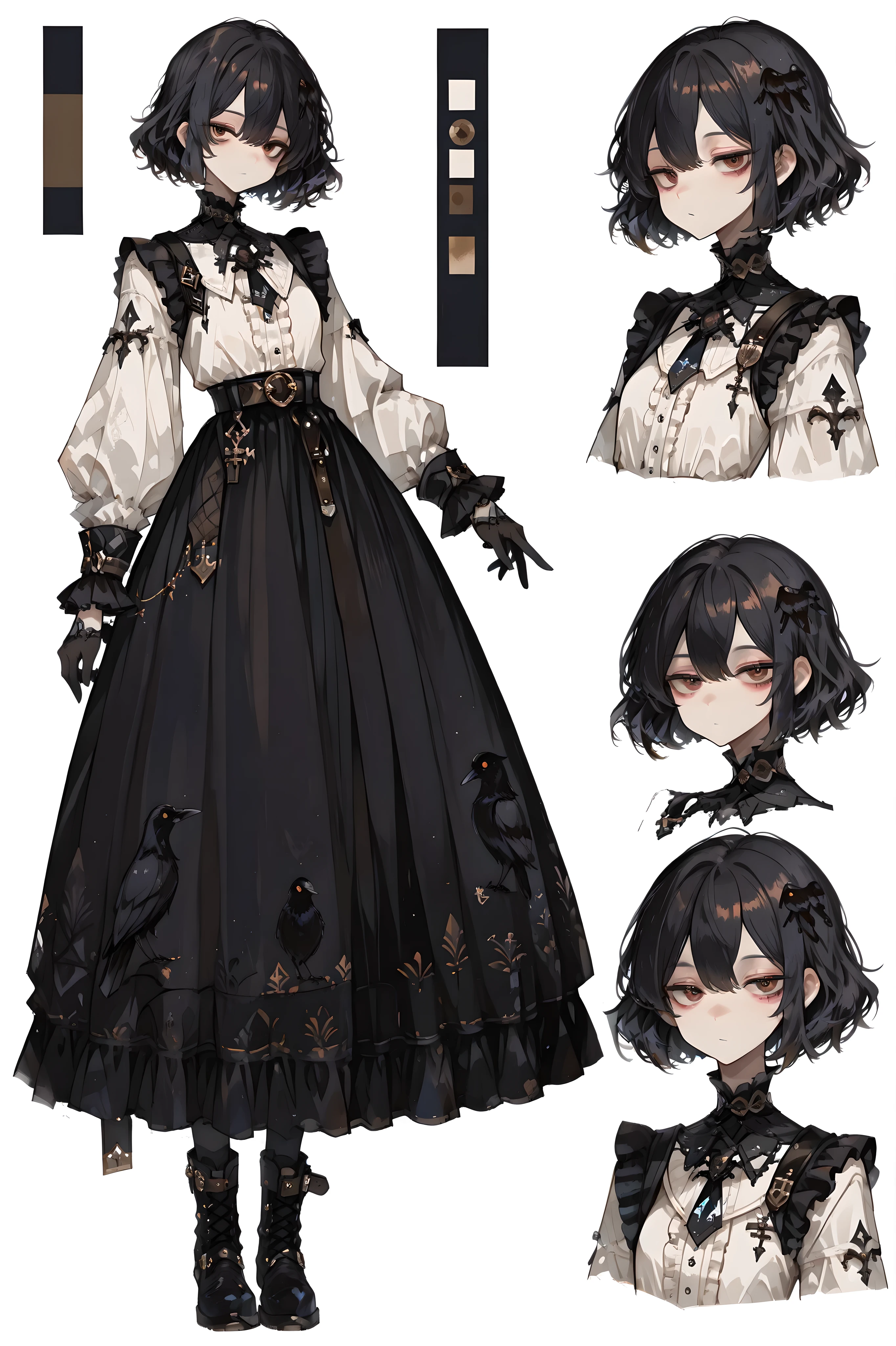 1 girl,, masterpiece, best quality,Crow-themed clothes, black long skirts, white shirts,black boots,belt decoration, character sheet, front view,white background, short hair, black hair, delicate eyes, detailed face,Brown eyes, black gloves,Long sleeves, frills on the cuffs,