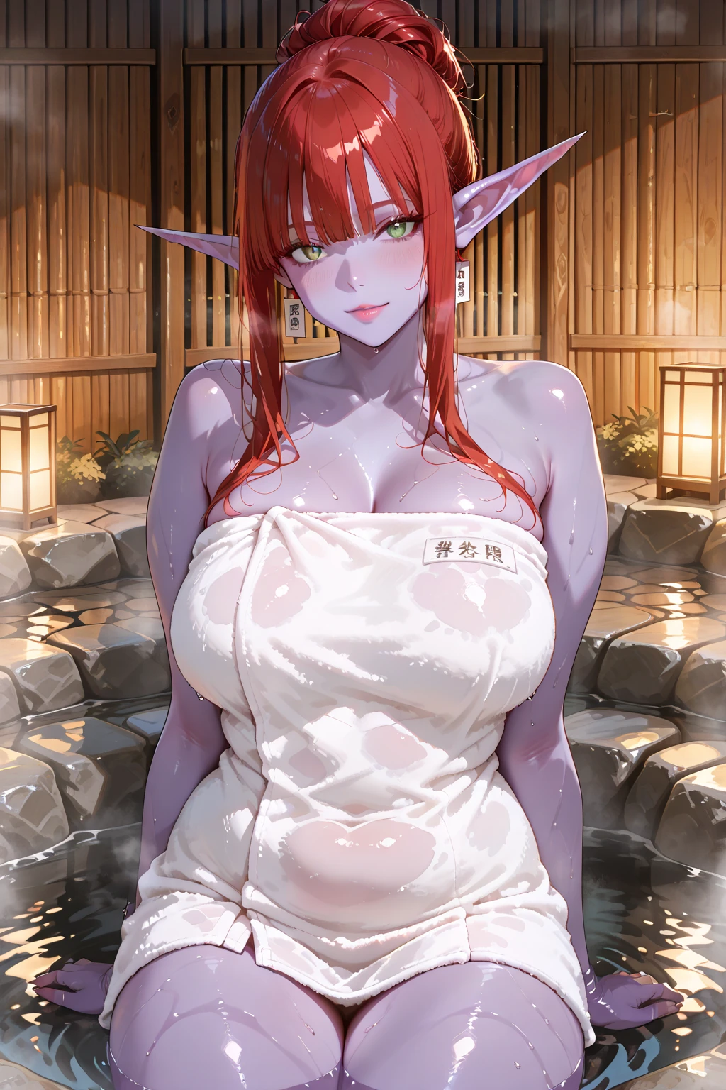 masterpiece, best quality, highly detailed, sauna, sitting, 1girl, ibuki \(cheerleader\), naked, completely nude, white towel, towel over breasts, looking at viewer, blush, <lora:ibuki_douji_cheerleader:1>, <lora:towel_over_breasts_v0.1:0.7>