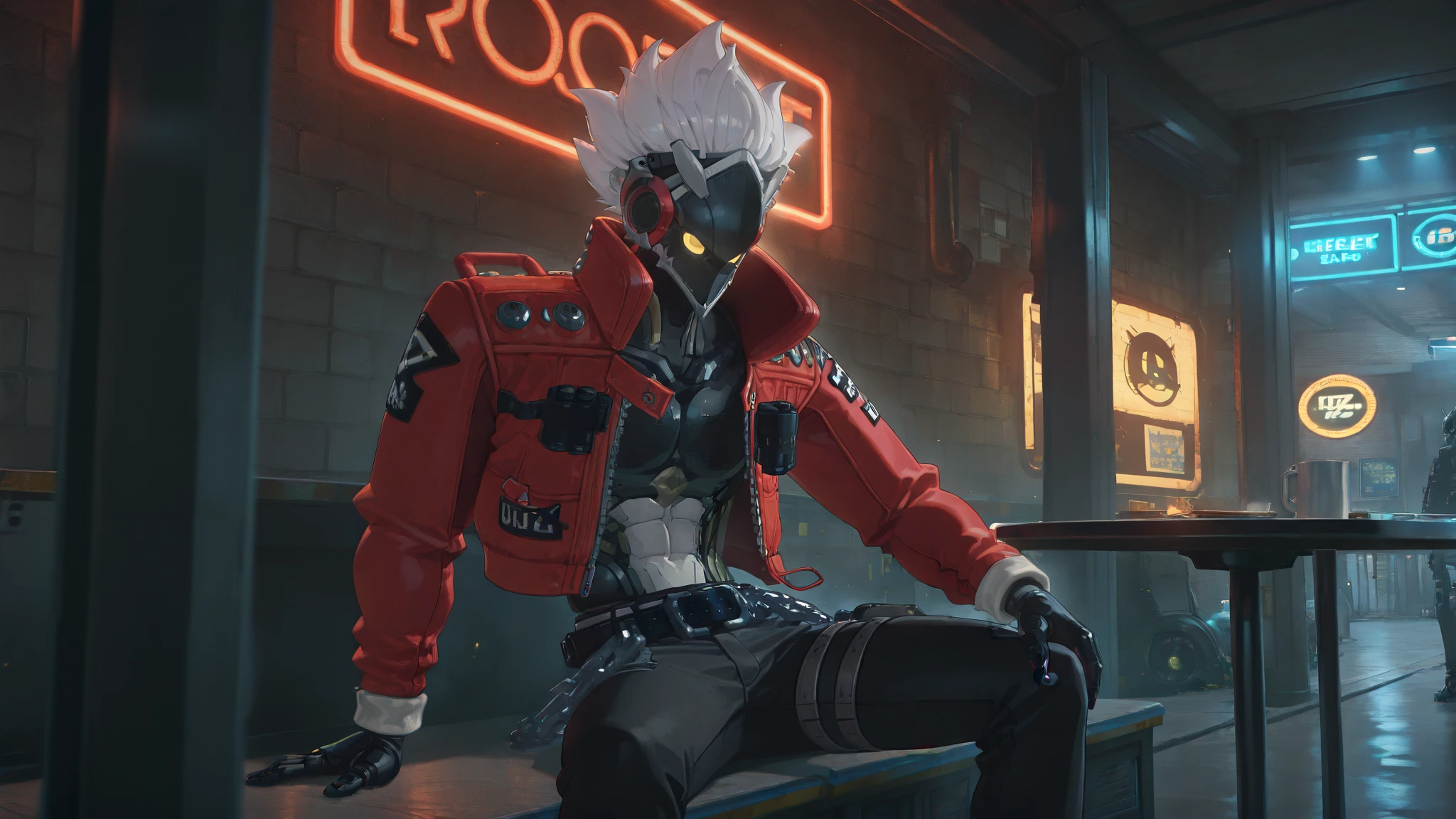 Fullbody 128k Bluray Extreme UHD 4K High quality anime image . My attention is drawn to a physically fit and toned male robot with very short, wavy white hair and light yellow eyes and no pupils. He is silly in his demeanor. He sits on edge of building. His body and face is smooth black metal with white abdominals and stomach. He wears a red and white leather jacket that is not zipped.” Rendered in stunning 4K and UHD resolution using Octane Render CGI technology, everything comes to life in a mesmerizing 16K masterpiece, with an aura fascinating and high level of detail, anime illustration with joyful look in eyes, cyber punk illustration, smiling anime robot male with short wavy white hair, blank yellow eyes and no pupils, smooth black metal mask and body with white abdominal muscles, 4K, UHD, Ultra HD 4K image, extremely fascinating neon light, intricate details , extremely detailed, incredibly detailed, two arms, five fingers on each hand, two legs.