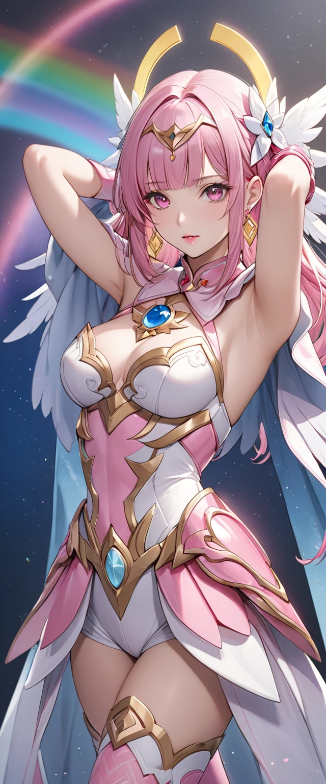 (Perfect Anatomy)、Mastepiece、Ultra High Quality、 8K、masterpiece、Highest quality、Ultra-high resolution、Maximum resolution、Very detailed、Professional Lighting、anime、woman、thin、so beautiful、Highly detailed eye、Highly detailed face、Golden earrings、Pink Hair,、Pink eyes、Mid-chest, pink lips, gloss lip, upper arm pink armor, white leotard, pink pattern, full body, magical girl, Angel Girl, Are standing, pink thigh high stockings, white super long boots, pink gauntlet, high heels