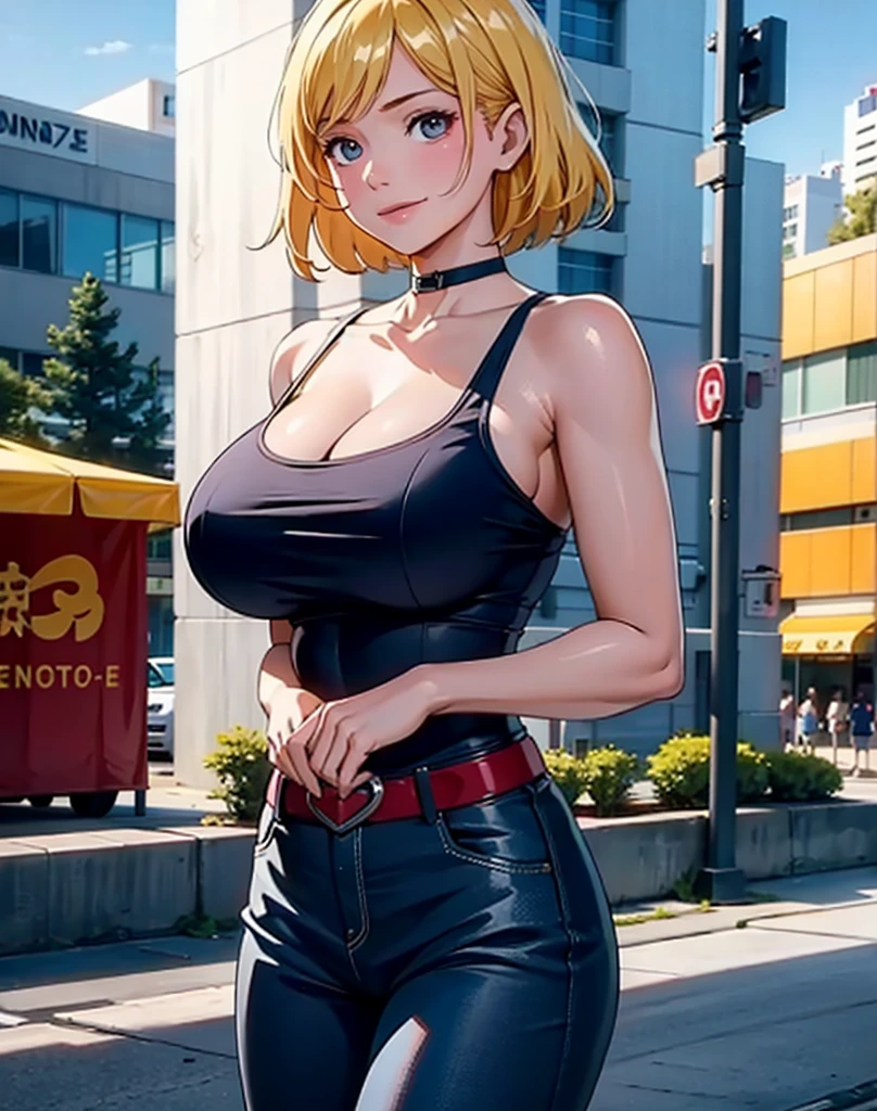 1 female, solo, Android 18, masterpiece, very detailed, sexy, large breasts, huge breasts, massive tits, super thin waist, heart shaped hips, denim sleeves jacket, denim skirt, black leggings,