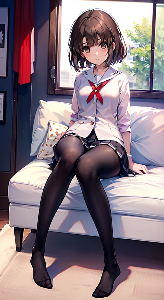 ((Correct Anatomy)),(Female student),((school uniform)),((Sailor suit)),((Lace panties)),(Mini Pleated Skirt),(((Black Pantyhose))),Ultra-high resolution,Mature Woman, Mature Woman, Very detailed,Sunburned skin,Brown Skin,((Beautiful feet)),(Big Breasts),((Beautiful legs)),Perfect hands, Detailed fingers, Beautiful details, ((Long Hair)),((ponytail)),Black Choker, Earrings,loafers,Embarrassing,Perfect Eyes, Captivating eyes,Luxury Bed