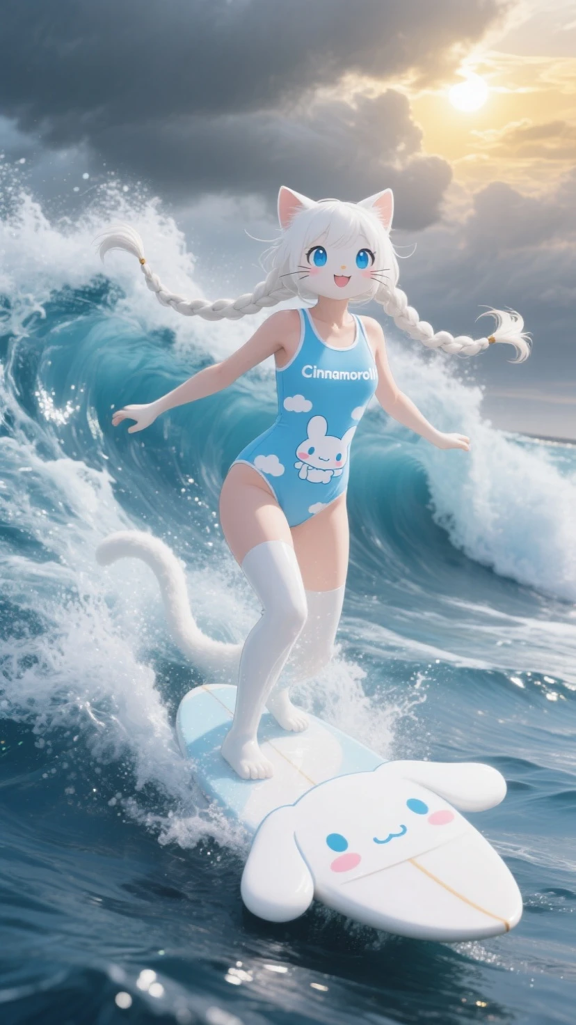 (high resolution, full body, soft skin:1.2),(best illustration,masterpiece:1.2),ultra-detailed,[(cat ears , aqua blue inside:1.2, blue twin tail hair, aqua blue eyes, cat eyes, tan skin),vivid colors,sharp focus, sun lighting,bokeh, wearing a red plaid swimsuit, smiling, jumping in the air 