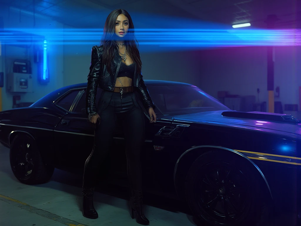 Beautiful biracial latina woman, long wavy blue hair , blue eyes, large breast, sit on the Hood of a black supercar, Headlights on, at night on a road, with full moon behind, in the forest, In black latex driving suit