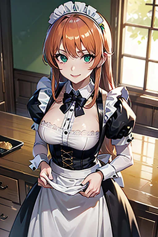 masterpiece, ((ultra detailed background, delicate pattern, intricate detail)), (highly detailed, fine details), best quality, beautiful lighting, (( breasts, slim girl)), NamiV3, ((maid dress)), bavarian outfit, cleavage, 1girl, orange hair, solo, long hair, jewelry, brown eyes, smile, earrings, blue tattoo, (complex detailed background, barren land, rocks, ocean, oustide, nature environment), (cowboy shot),