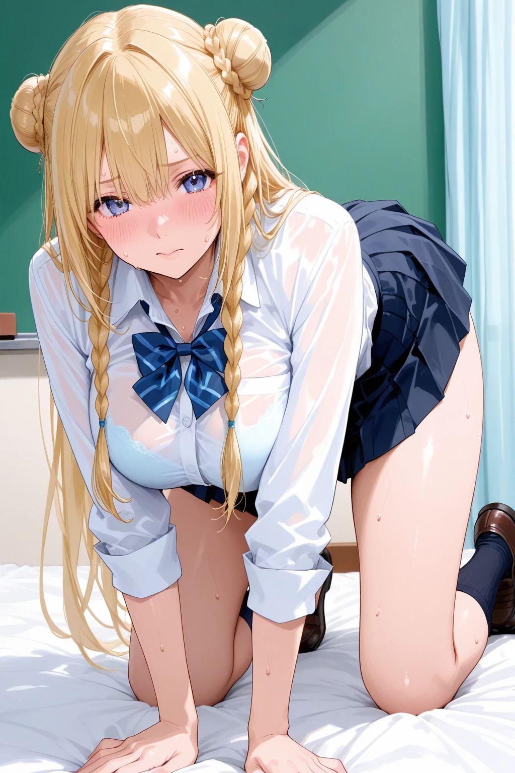 Beautiful long blonde　Embarrassing　Girl in a sailor suit　Pleated skirt　Micro Mini Skirt　Long sleeve　Skirt lifted　 sit in a classroom chair　Small breasts　Panties with lace　Open your legs　Wink