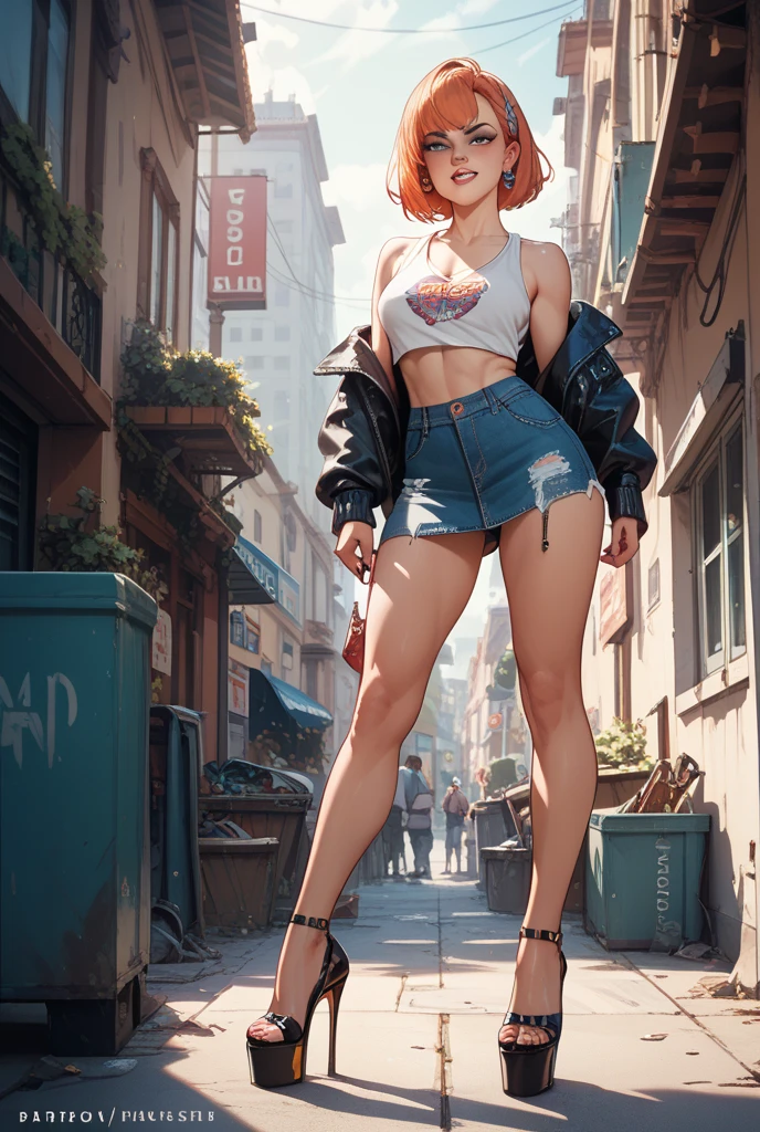 ((masterpiece, best quality, realistic, photo realistic, potrait photo, hyper realistic)), a busty korean women, plump body, small breasts, flowy blonde hair, smiling, long legs, standing, topless, jeans short shorts, black high heels, stilettos, seductive look, sexy pose, show armpit, front view, finely detailed beautiful eyes and detailed face, half body, night, at night, in the night, street lane, industrial pipe, looking at viewer, air conditioner, bin cans background, outdoor, garbage, dirty, fog, smoke bomb, red neon background and blue neon background, dynamic lighting, backlight, cinematic
