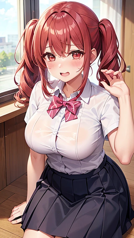 masterpiece, Highest quality, Very detailed , MyjmSkr-KJ, Black Skirt, View your viewers, smile, Pleated skirt, Collared shirt, Long sleeve, classroom,((Sweat all over the body、vapor))