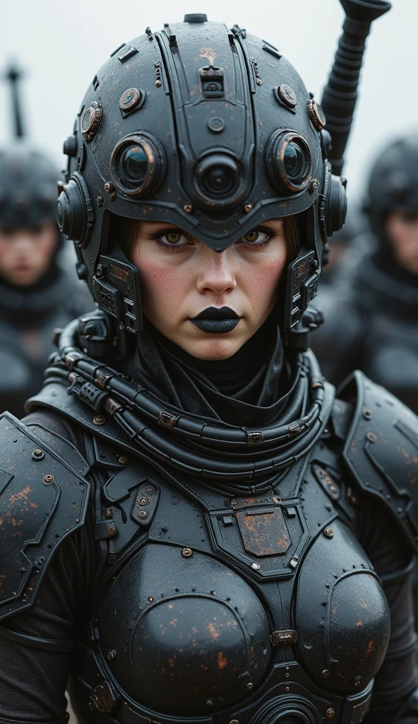 Close-up of a ((extremely beautiful female warior)) , their faces partially obscured by military helmets. Their eyes are filled with sadness and longing. The background is a trail of blood and violence. SHe wears a mechanized robot armor, carved with animal elements, human skulls. The sky is filled with swirling, fiery clouds. The photo conveys a strong sense of the warrior's appearance.