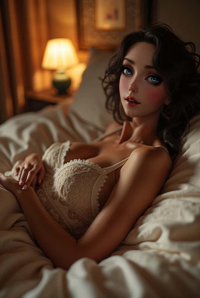 Generate a tender and romantic digital illustrated of Laura Marano with (gigantic breast:1,9), showing her cleaveage, sideboobs, underboobs and thighs, wearing hogwarts uniform, detailed black bra, detailed lingerie, detailed garter belt, lying on bed and spread her legs, showing her crotch, Capture the warmth of her body as she holding her chest, paying attention to the details in her attire and surroundings. Create an atmosphere of intimacy and affection, portraying the beauty of her breast,((cg realistic)),(raytracing),(8k resolution),(RAW photo),(lens glare),(sharp eye)