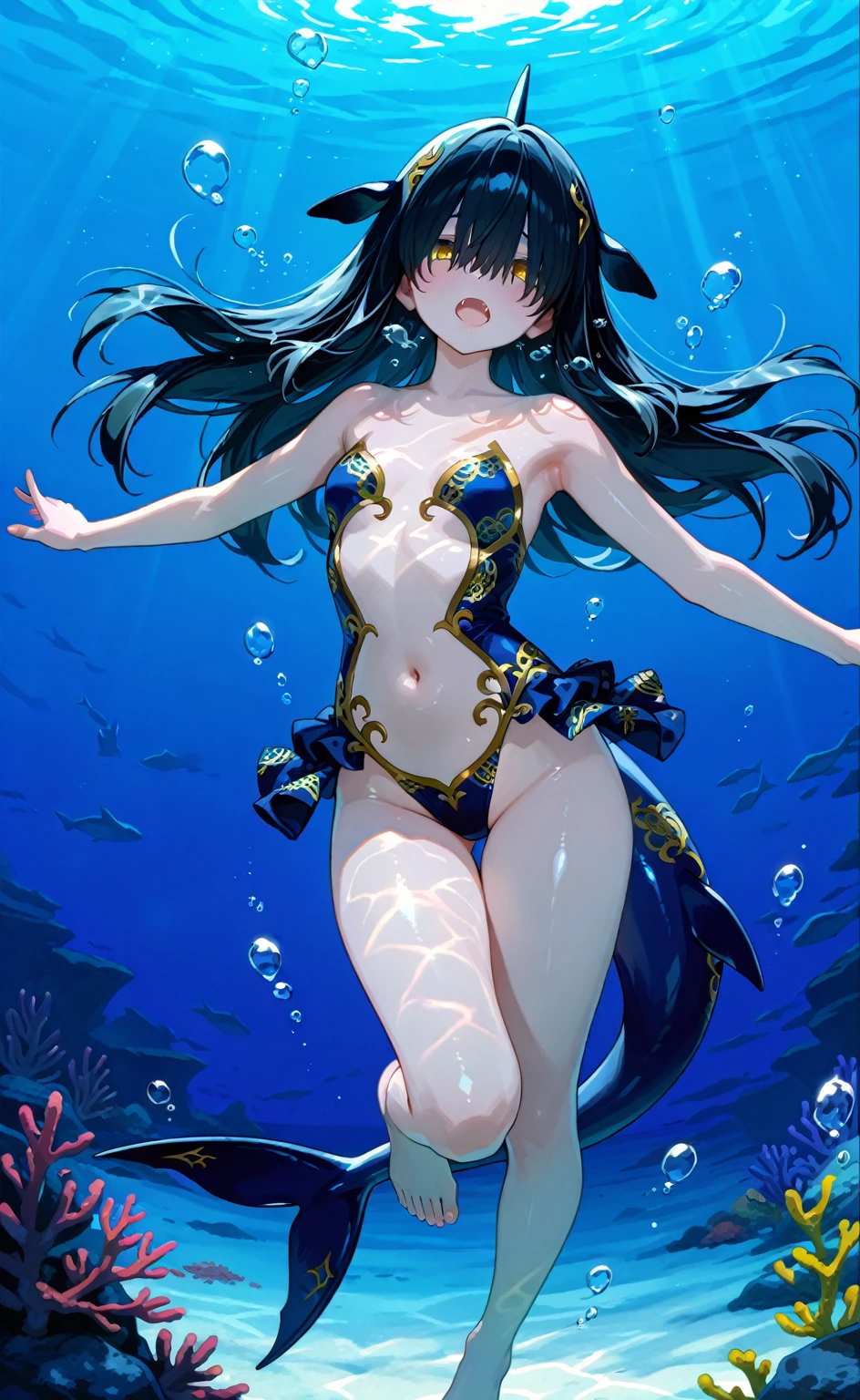 masterpiece、((focus on the face))、(A woman swimming gracefully underwater)、Blisters rise、perform a spectacular dance towards the water's surface。around it、Fish of various sizes gather together、swimming around her。blue or yellow、The beautiful body colors of fish such as red、Gives fantastic colors to the water、Shines like living jewelry。water bubbles spread in the water、Countless small lights are reflected inside it.、It's like a star shining at the bottom of the sea。how she swims、Like an underwater goddess、The surrounding scenery is colorfully colored as if to honor her.。This beautiful underwater scene、A world like a dream、Shooting at high angles