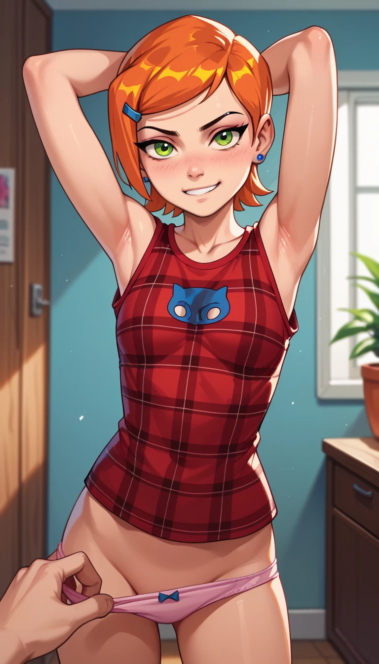 1 boy, , medium red hair, green eyes, pretty face, devious smile, freckles, petticoated, tiny, little, athletic, slim waist, laid in bed at home, erection under clothes, buble butt, Height about 120 cm
