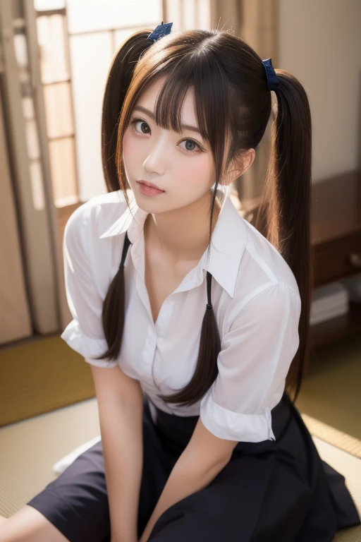 Best quality, masterpiece, ultra-high resolution, 8K, (reality: 1.4), RAW shooting, most detailed face, very detailed and perfect anatomy, live photography; most beautiful face; shining skin; one 18-year-old Japanese.My bangs and eyes are big and cute.It has brown eyes, gentle eyes, long brown hair, a young face, and a large chest.E-cup. Look at the audience.angelic smile.Cosplay, Japanese high school girls, glossy white short-sleeved shirts, red ribbons, plaid pleated skirts, and a ponytail.((a smiling face))