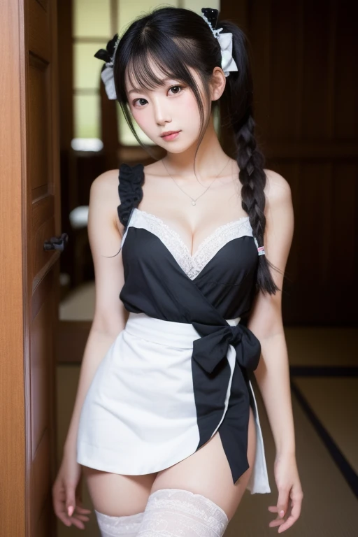black hair, twintails, lolita hairband, torogao, pov, UHD, masterpiece, textured skin, 4K、Sexy costume、maid clothes、falda corta、Wide open crotch、pantyshot、beauty legs、Loose chest、Open chest、cleavage of the breast、downbrouse、sitting on、