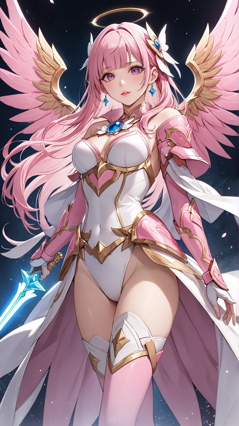 (Perfect Anatomy)、Mastepiece、Ultra High Quality、 8k、masterpiece、Highest quality、Ultra-high resolution、Maximum resolution、Very detailed、Professional Lighting、anime、woman、thin、so beautiful、Highly detailed eye、Highly detailed face、Golden earrings、Pink Hair,、Pink eyes、Detailed costume patterns、Mid-chest、Blue jewel on chest, makeup, eyeliner, eye shadow, pink cheek, pink lips, upper arm pink armor, white leotard, pink pattern, full body, magical girl, Angel Girl, Are standing, pink thigh high stockings, white super long boots, pink gauntlet, high heels, blunt bangs, Hime cut, bridal hair accessory, paladin robe, Being slammed to the ground