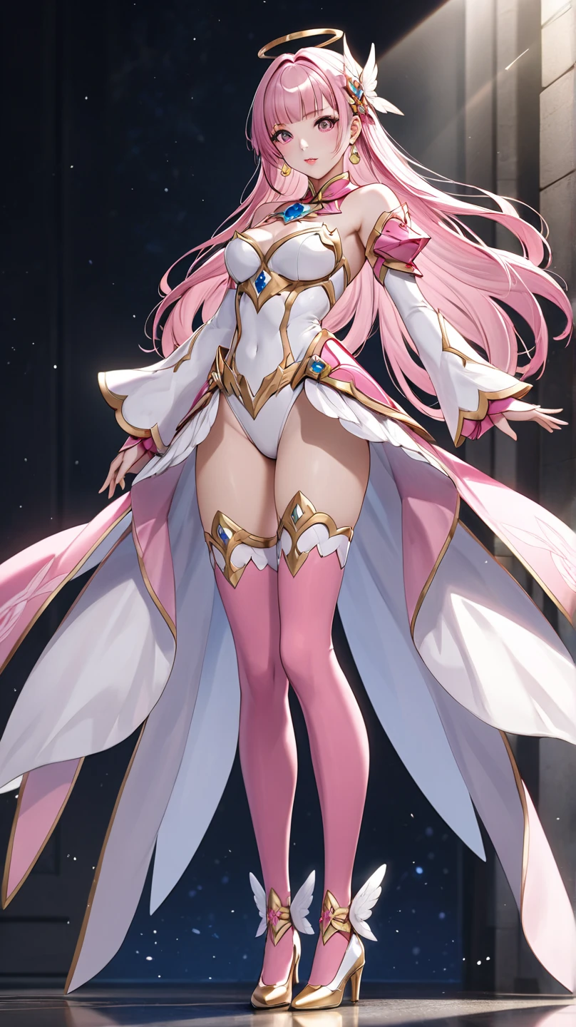 (Perfect Anatomy)、Mastepiece、Ultra High Quality、 8k、masterpiece、Highest quality、Ultra-high resolution、Maximum resolution、Very detailed、Professional Lighting、anime、woman、thin、so beautiful、Highly detailed eye、Highly detailed face、Golden earrings、Pink Hair,、Pink eyes、Detailed costume patterns、Mid-chest、Blue jewel on chest, makeup, eyeliner, eye shadow, pink cheek, pink lips, upper arm pink armor, white leotard, pink pattern, full body, magical girl, Angel Girl, Are standing, pink thigh high stockings, white super long boots, pink gauntlet, high heels, blunt bangs, Hime cut, bridal hair accessory, paladin robe, Cloaked in a rainbow-colored light, Gathering energy in hands, enraged