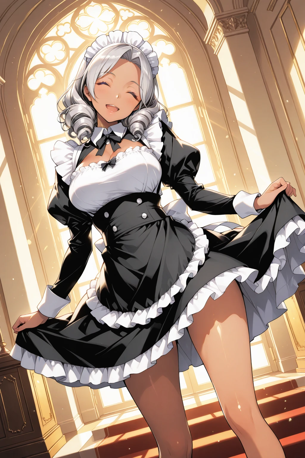 ((highest quality、8k、masterpiece:1.3)), (medium hair, twin tails, ash silver hair:1.5)、(cute gold leaf pattern, Delicate finish, Black fabric:1.4, maid dress:1.5), (gothic style), clear, fine-textured skin、beautiful clear eyes、cleavage、Carefree and natural smile、(My hair was messed up by the wind:1.3, big breasts)、beautiful girl with a smile、(thin waist:1.3)、(Dynamic and provocative pose:1.2)、(buckshot)