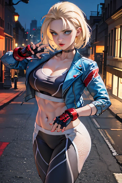 ((Best Quality, 8K, Masterpiece: 1.3)), Beautiful Woman with Perfect Figure: 1.4,, Highly Detailed Face and Skin Texture, Fine Eyes, Double Eyelids, (1girl), (Left Face Scar), (28 years old, sexy mature), (Waistcoat line, thin waist, buttocks), (Blue jacket), ((Big blue eyes, long eyelashes)), ((Pout)), ((Firm nose)), (Real skin details), Detailed face, Best Light, Best Shadow, Edge Light, Dynamic Action, Ray Tracing, Unreal Engine 5, (Cammy white from street fighter 6, CG characters in the game)), beautiful shiny hair, ((dark gray tights))), muscular, collar, abs, (mid-chest hard), (street fighter 6 promotional poster style)), (leg muscle lines), neon lights, bustling and lively streets, tall buildings in the distance, night