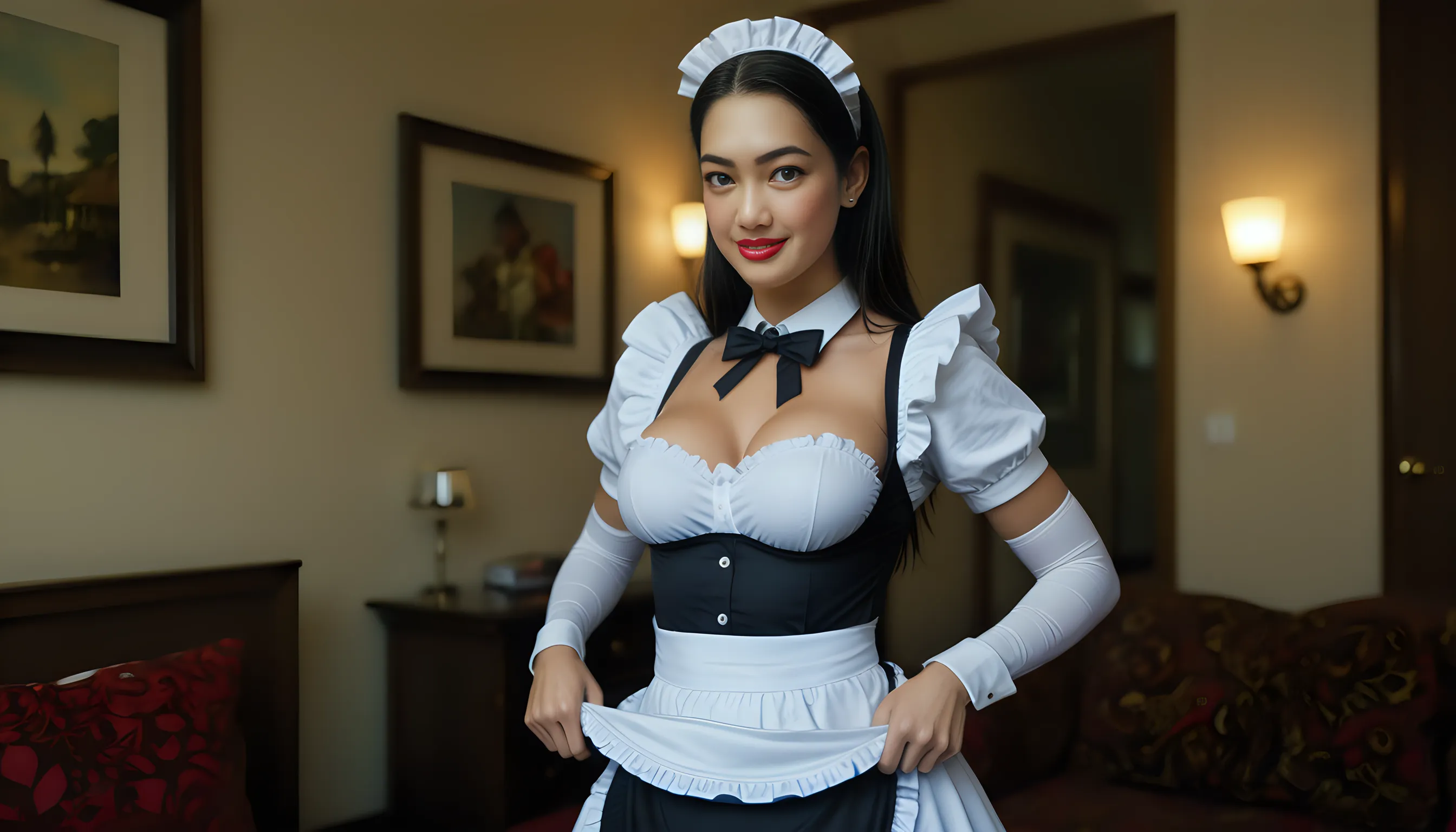 Woman, 30 years, adult, sexy maid black white clothes, nigth, soft ligth, face detail, from above, fingers --style realistic-imagine -