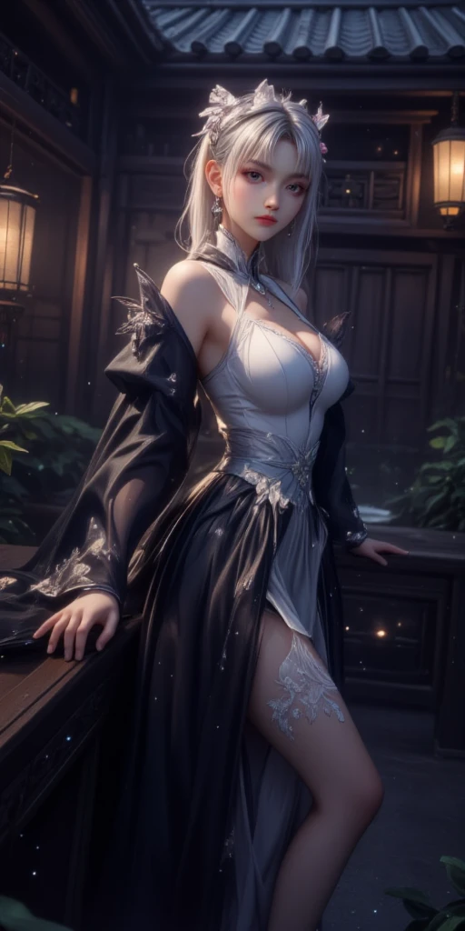 tmasterpiece,best qualtiy,offcial art,(Highest high resolution:grain),(A detailed:1.7),Kizi,Stunning appearance,Brown hair long,hair adornments,hair-bun,Big bright eyes,lipsticks,perfect bodies,Wearing a dress,Bare shoulders,Open abdomen,Show long legs,(huge tit:D-cups),3D,delicated,Above the legs,softlighting,best illuminate,独奏,Xianxia,fanciful,Chinese style buildings