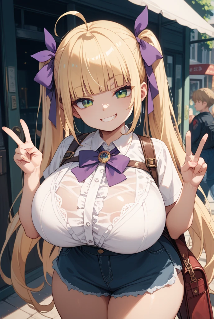 Hentai、Highest quality、Short, chubby, busty gal flirts with men at the carnival、Perfect proportions、Abigail Williams、Overwhelmingly large breasts、Plump thighs、Fatty legs、Beautiful sparkling eyes、smile、Blushed、Cowboy Shot