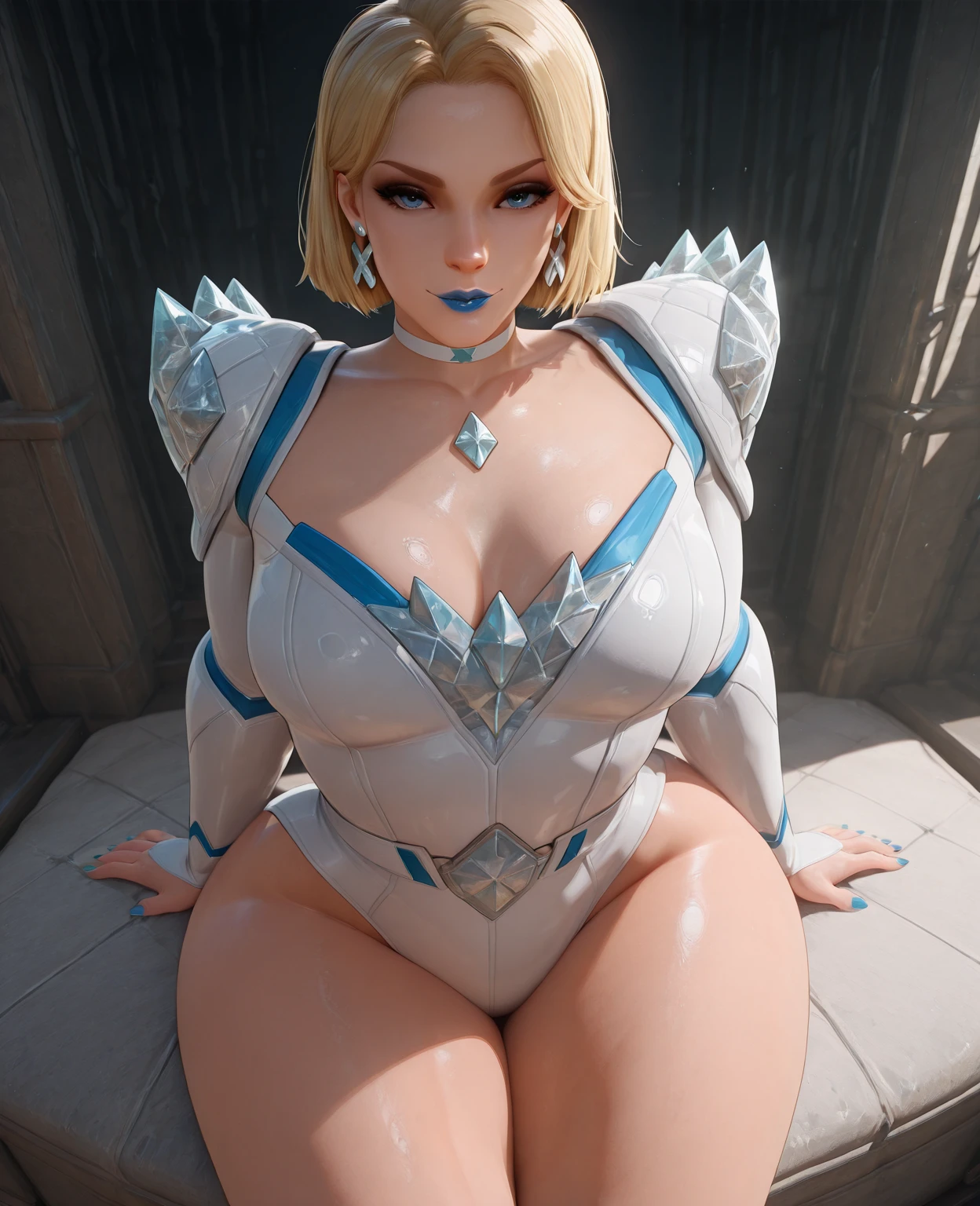 TEKKEN_REINA, CLOSE UP UPPER BODY,SOLO, COWBOY SHOT, ((EVIL DRAGON HELM,WHITE HIGHT PONYTAIL HAIR)), (GIGANTIC FAKE BREASTS,CLEAVAGE TOP,11 LINE ABS:1.5), ((WEARING OUTFIT WARRIOR TRADITIONAL CHINESE GODDESS FULL ARMORED, BREASTPLATE ARMOR DETAILED:1.5)), (MUSCULAR BODY SHAPE:1.5), (CLEAN GLOSSY BODYSKIN:1.5), (LOOKING AT VIEWER:1.6), (BACKGROUND FUTURISTIC SPACE STATION:1), (PHOTOREALSITIC:1.4), (ULTRA-DETAILLIERT), (TOP-QUALITY), (BEST SHADOWS), BRIGHT LIGHT IN ROOM, HYPER TEXTURE, (4X MSAA), ((UNREAL ENGINE 5 RENDER)), (NEON), PHYSICALLY-BASED RENDERING, ULTRA HIGHT DEFINITION, 16K, 1080P.