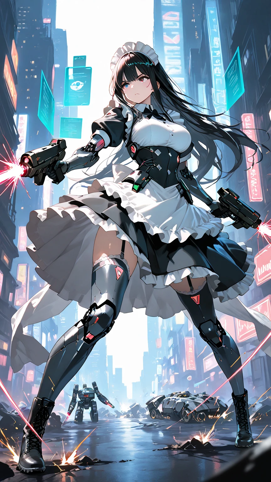 graphic novel illustration, (utterly cute wolf-type mecha:1.2), (headband-type-mecha:1.3), high heel type mecha, mega long skirt type hover jet, (((mechanical maid uniform mecha:1.3))), mechanical arm, long diamond claws, mecha fang, eye radar lens, (cinematic still and angle with lighting:1.3), hand vulcan, hand missile, intricate details and unique style. meticulously detailed, detailing oil painting of illustration, high quality, crisp and sharp resolution. professional level of detail and precision. ((stunningly beautiful visual quality:1.2)). exquisite high-definition drawing, white, dark cyan red, ash gray, dark gray, white black, dark cyan yellow, deep techno, insane details, nature landscape background detail, cybernetics, (precise delicate facial details:1.3),