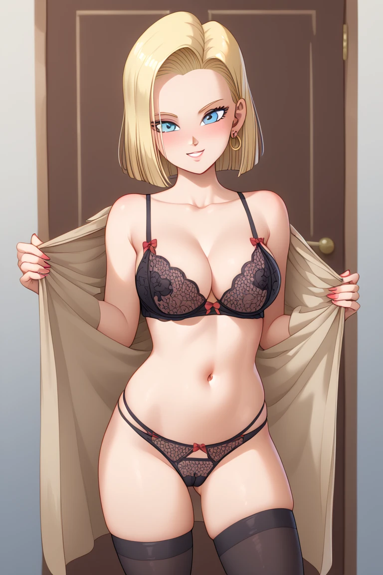 bed、Black Wallpaper、Standing posture、(bra、lingerie)、Ultra-detailed illustrations、Ultra-precise expression、masterpiece、Highest quality、超High resolution、High resolution、(Big Breasts、Sweat、body fluid)、(Blonde、Show your forehead、Short Hair、smile)、Mommyf、