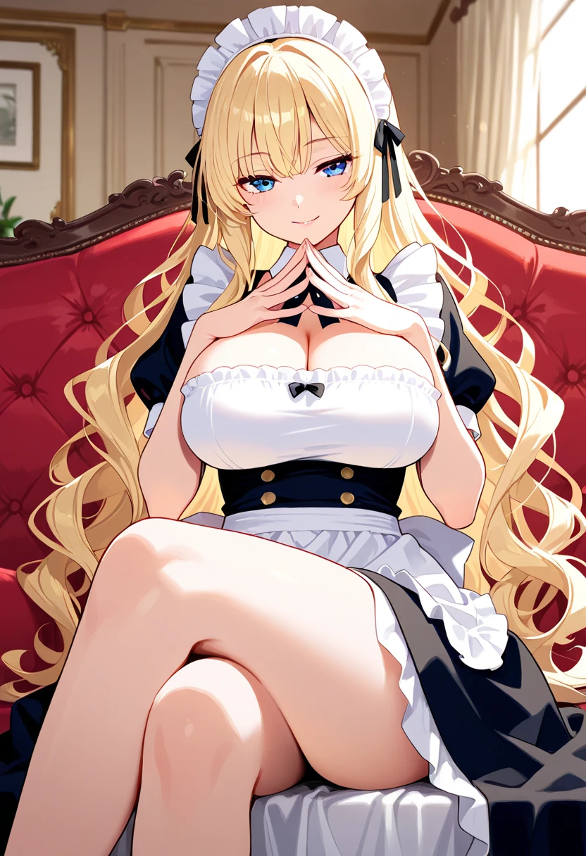 The luxurious and high-class Victorian maid outfit is evenly decorated with gorgeous gold embroidery and edging, and the blouse, apron, and headband also have gorgeous gold embroidery and edging.、((Highest quality)), ((masterpiece)), (detailed), (Perfect Face)、The woman is Tierre, with green eyes, medium-long blonde hair, a Victorian maid outfit and maid headband, jeweled earrings, and an engagement ring.、The woman is smiling fondly in a luxurious room、The Victorian maid uniform is a calm, old-fashioned type with long sleeves and a long skirt, decorated with luxurious gold embroidery and edging.、The woman is lying on the bed with her legs open, inviting sex.