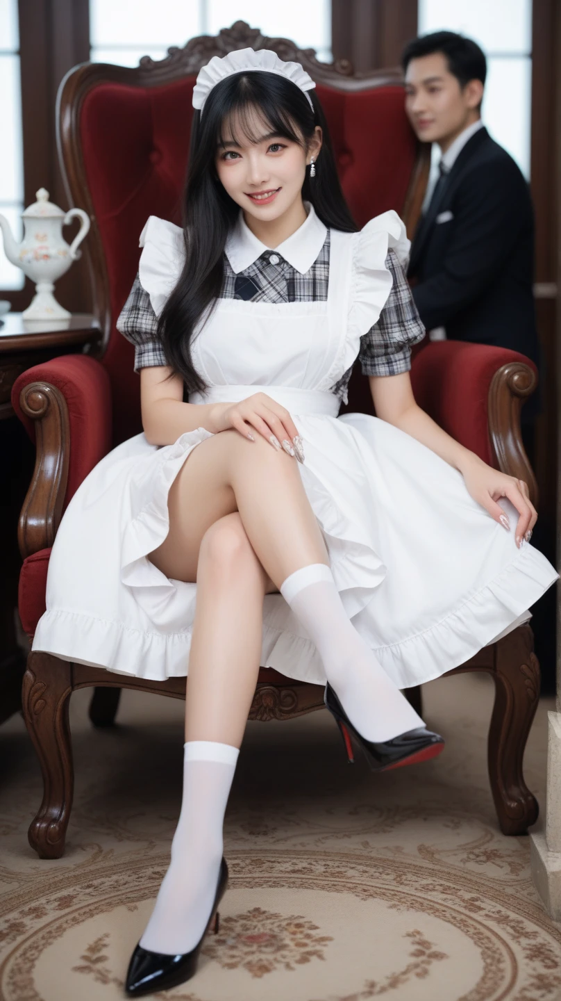 ((tmasterpiece)), (Best quality at best, 超高分辨率, high detail photo, Unity8k wallpaper, extremely detremely detailed CG:1.2),(RAW photogr,:1.3), (Live photos:1.4), (Facial details are more refined:1.4, Meticulous clothes), (Detailed pubic hair:1.4) Nice face, (seduct smile:1.2), depth of fields, Add layer, (holland angle, Engraving installation), roleplaying, Role playing game maker, the maid outfit, maid headdress, frilld, short  skirt, neck bowtie, maid apronl, sitting on white carpet, Lace pantyhose, upper legs, knee length socks,