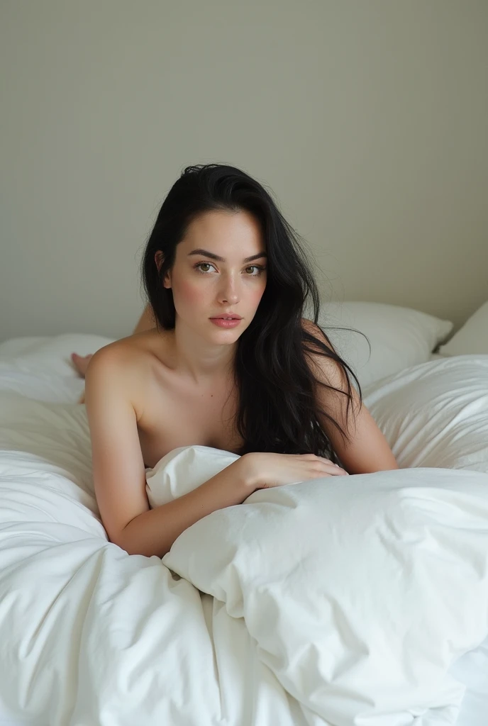 , Woman lying in bed without clothes, curly hair in black, green eyes, Legs spread without pubic hair