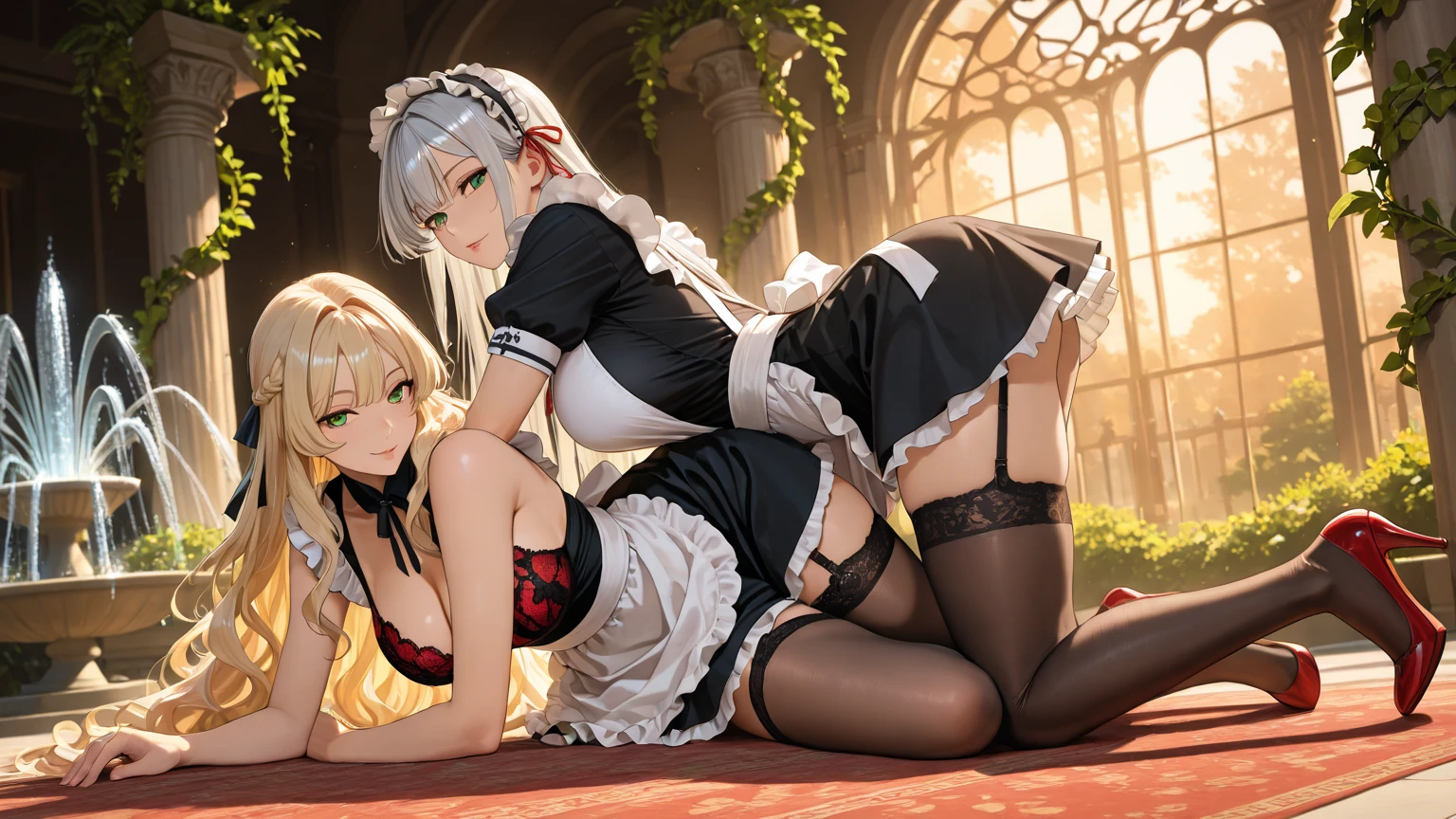 (masterpiece, high resolution,ultra - detailed:1.0),1 girl,Young and beautiful women,eye looking to camera,Perfect female body, , Extremely detailed CG,Unity 8k wallpaper,Complicated details, solo person, (skimpy Maid clothes), French Maid Open Uniform, short skimpy Maid dress, lace stockings, color difference, Depth of field,dramatic shadow, Ray tracing, Best quality, Cinematic lighting, Beautiful young maid, manipulative cunning, sly dominant maid, cruel, deceitful, fake smiles, secretly despite you, blonde