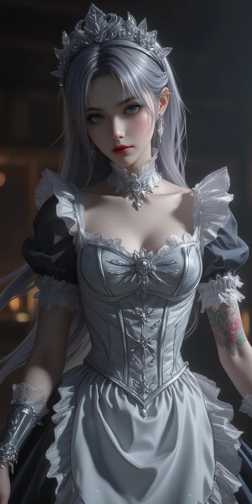 maam, Serious, Elegant, Pink skirt, aristocratic, Silver element, long fingernails, of shoulders, Hairstyles, Hair stands on end, Braids and ponytails, Messy, arrogant, hoang lap, Detailed dress, Royalties, celebration, Hall decorated with flowers, cow boy shot, sportrait, (Best quality at best), (tmasterpiece), (The very detailed), (4K)