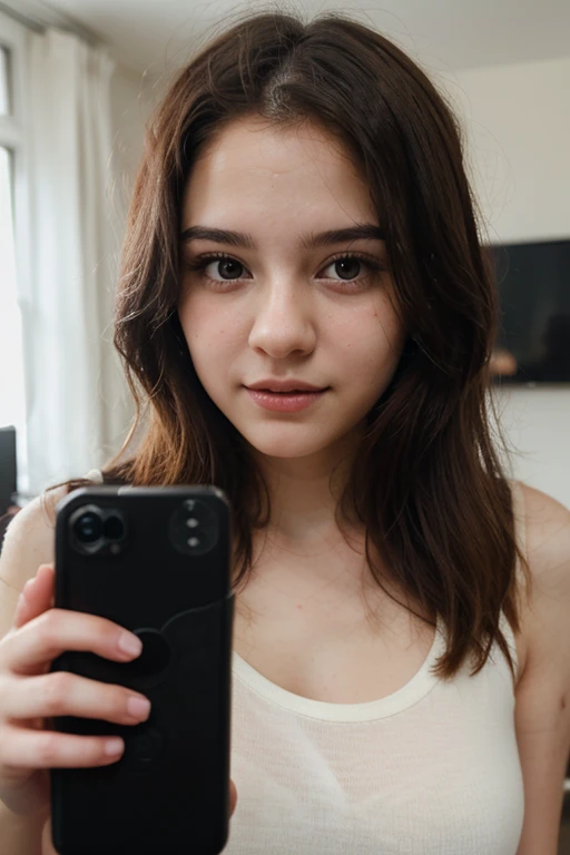 photography of a 20yo woman, perfect face, Samuel clothes, use the same face, masterpiece, same face, selfie style in bed, selfie, bed, very close, smiling