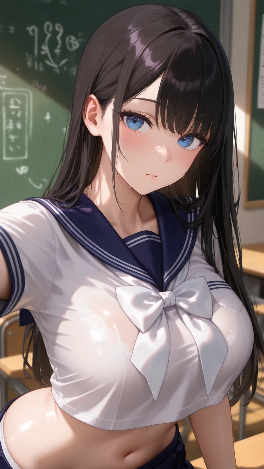 Blue-orange curls are curved inward,,There is a strong sense of freshness and freshness,girl with,((serafuku)), hands on one's face, Elbows on the desk, Sit up, Classroom, sunlights, window, see the beholder, Face in Love, I can see the cleavage:1.2, The finest beige underwear, Best Quality,Ultra-detailed, High resolution, extremely details CG, Unity 8k wallpaper, Caustics, textile shading, super detailed skin, Perfect Anatomy, Detailed, Cinematic lighting, Dynamic lighting, Beautiful detailed eyes, (top-quality), (ultra-detailliert), (masuter piece), (hight resolution), (Original), Character Design, Game CG, Detailed Manga Illustration, Realistic head-to-body size ratio:1.2