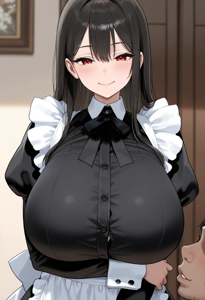 SFW, (maid clothes), (gigantic breasts), firm breasts, slim waist, curvy figure, (black_hair, red_eyes, long ponytail)