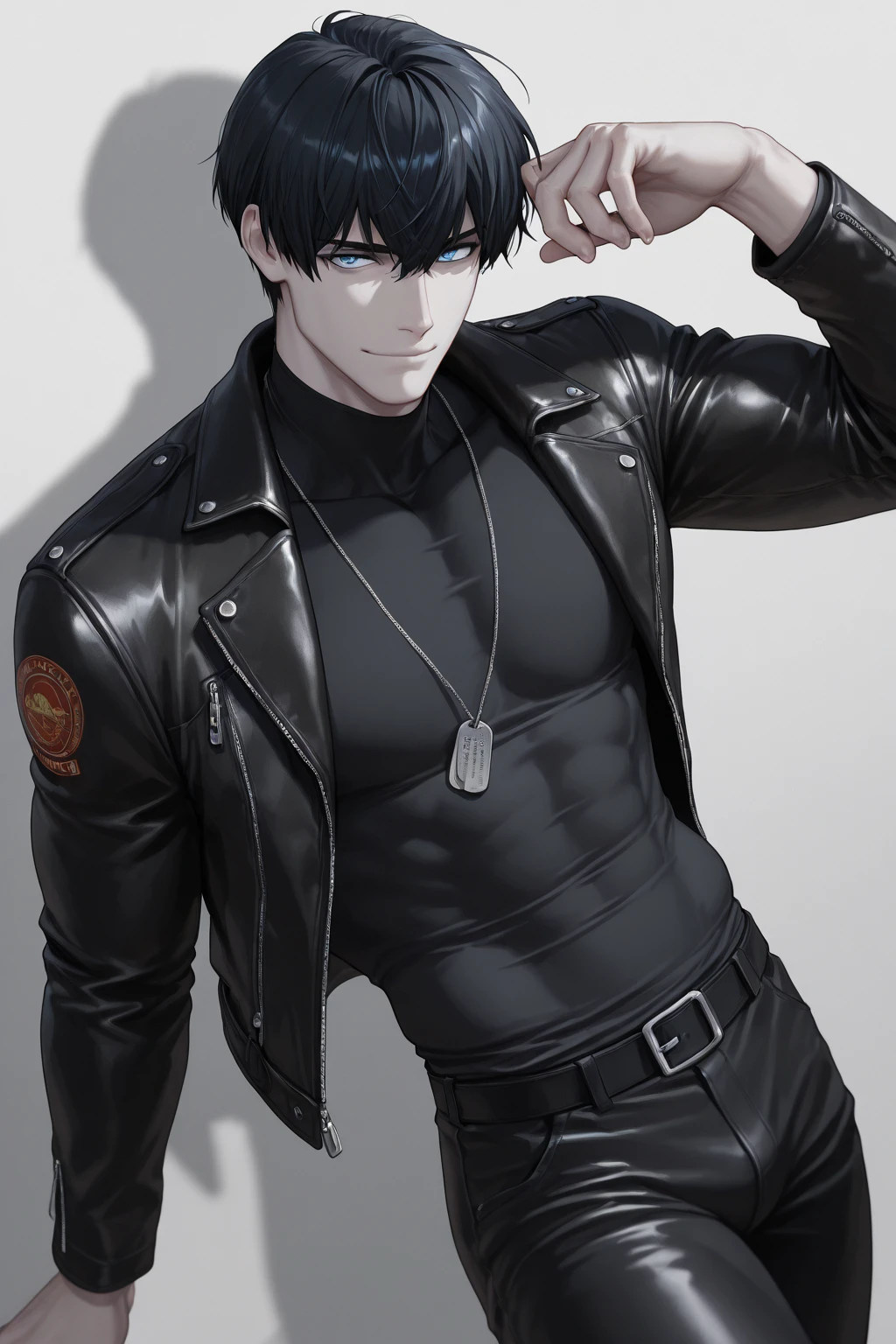 A handsome young man,no more than 22,deep amber eyes and messy jet black hair. Well-defined face with a strong jaw and a smirk. He wears a black leather jacket opened in the front,showing off his belly and pants.