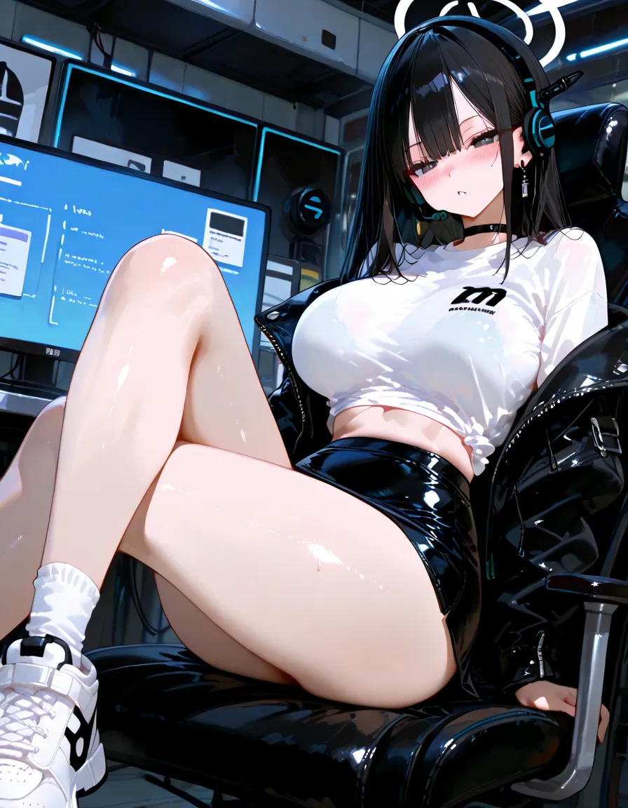 masterpiece, highest quality, 1 girl, solo exia def, black hair,headphones, choker, off shoulder, (Big T-shirt:1.3),too big,length,(nipple slip from), clavicle, bottomless,(white panties:1.3),(sit on a gaming chair:1.5),cowboy shot,(holding a game controller),open_legs,groin,solo,thighs,solo
