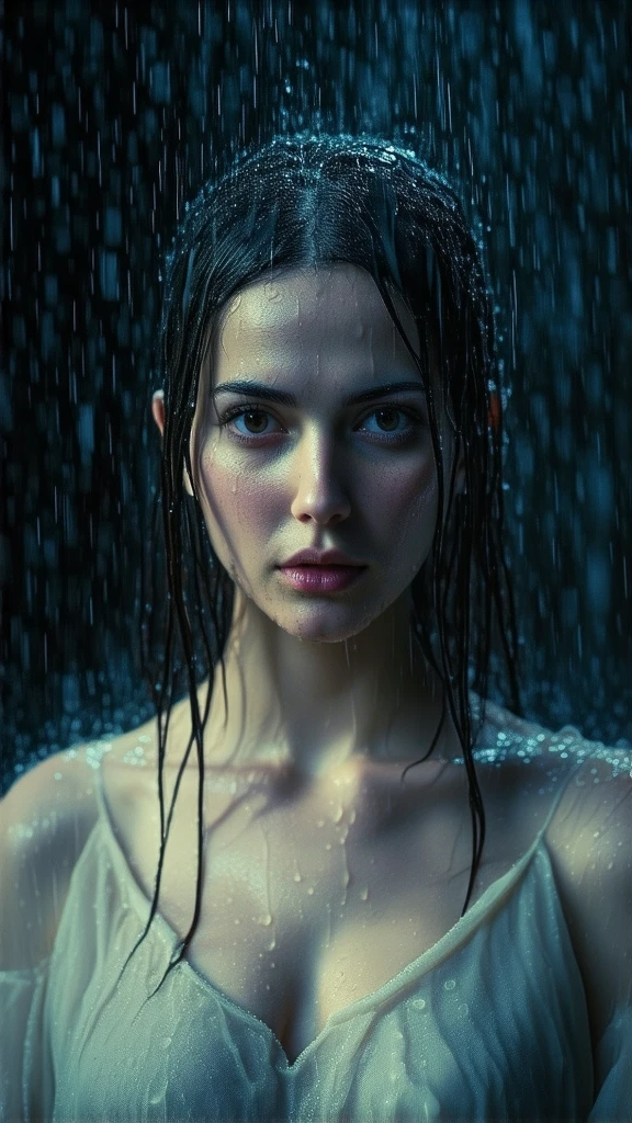 soaking wet Kaya Scodelario walking out of shower, wrap with a small white towel only, both hands on her head fixing hair-bun, no shoes, long legs, showing thighs, masterpiece, cinematic shading, cinmatic lighting, photo realistic, extremely detailed, photo realistic, RAW photo, high quality, highres, sharp focus, extremely detailed, cinematic lighting, 8k uhd