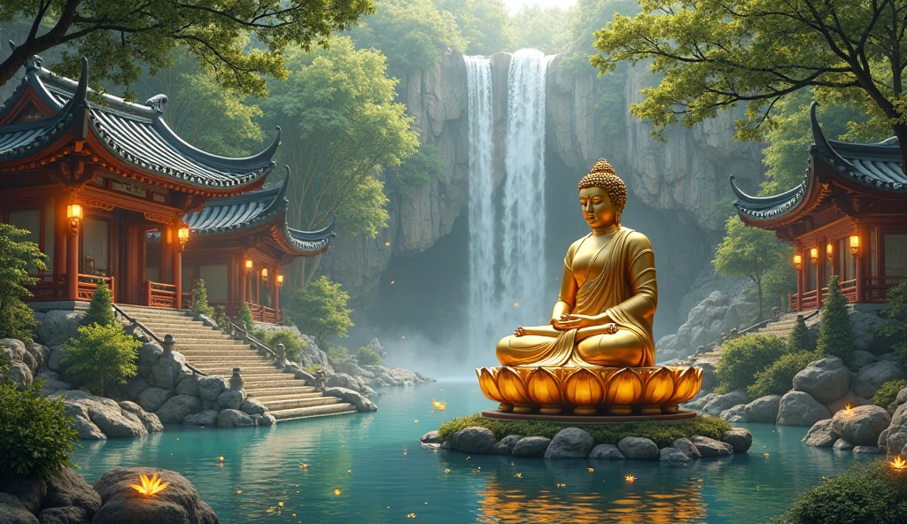 (Guanyin Bodhisattva is meditating in the meditation hall inside the Buddhist temple:1.5). There is a large transparent glass window in the meditation hall, and you can see the sky, mountains, lakes and believers walking on the lakeside path in the distance, Guanyin Bodhisattva, Avalokitesvara, Chinese temples scattered in the forest not far away,   waterfall cascading into a lake or stream in the background, mountains and briliant small lake in the background, Lotus in the foreground, Clear and distinct fingers, clear and distinct toes, clear and distinct facial features,jewelry, leaf, lily flower, lily_pad, necklace, plant, solo, chinese temple, path, cherry blossom, sharp focus, the sun's rays, sparkly ripples, wind ripples, hyper hight detailed, real photo, intricate details, perfect composition, beautiful detailed intricate, 8 k photography, photorealistic, masterpiece, Photo-realistic, Image enhancement,Image post-processing,Image retouching