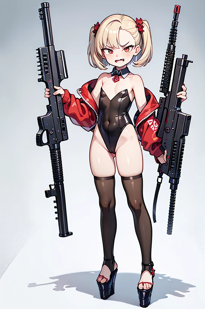 1girl, solo, breasts, looking at viewer, short hair, blonde hair, thighhighs, gloves, holding, animal ears, bare shoulders, green eyes, full body, weapon, small breasts, black gloves, elbow gloves, looking back, black thighhighs, holding weapon, rabbit ears, high heels, leotard, fake animal ears, headgear, backless leotard