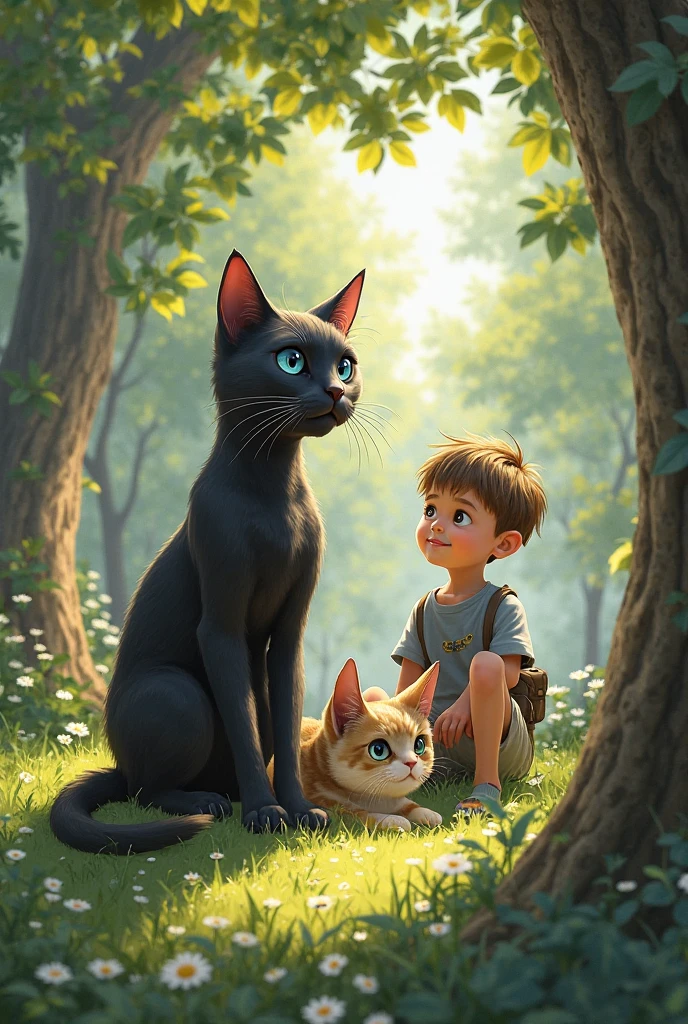 A boy and a black cat ooking at each other beside a glass window opened