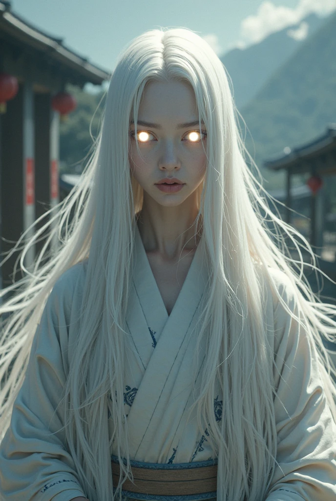 1 woman, she is a villager, she is 40 years old, she is Japanese, inside a city at night, wearing a white dress, feminine light gray eyes, fair and detailed skin, modest clothing, long white hair, she is an albino Japanese woman, dramatic lighting, cinematic composition, dark palette, dark colors, atmospheric haze, thin chin, serious face, serious face, beautiful woman, very beautiful, adult woman, ultra realistic, adult woman (best quality, 4K, 8K, high resolution, art: 1.2), ultra detailed (realistic, photorealistic, photorealistic: 1.37)