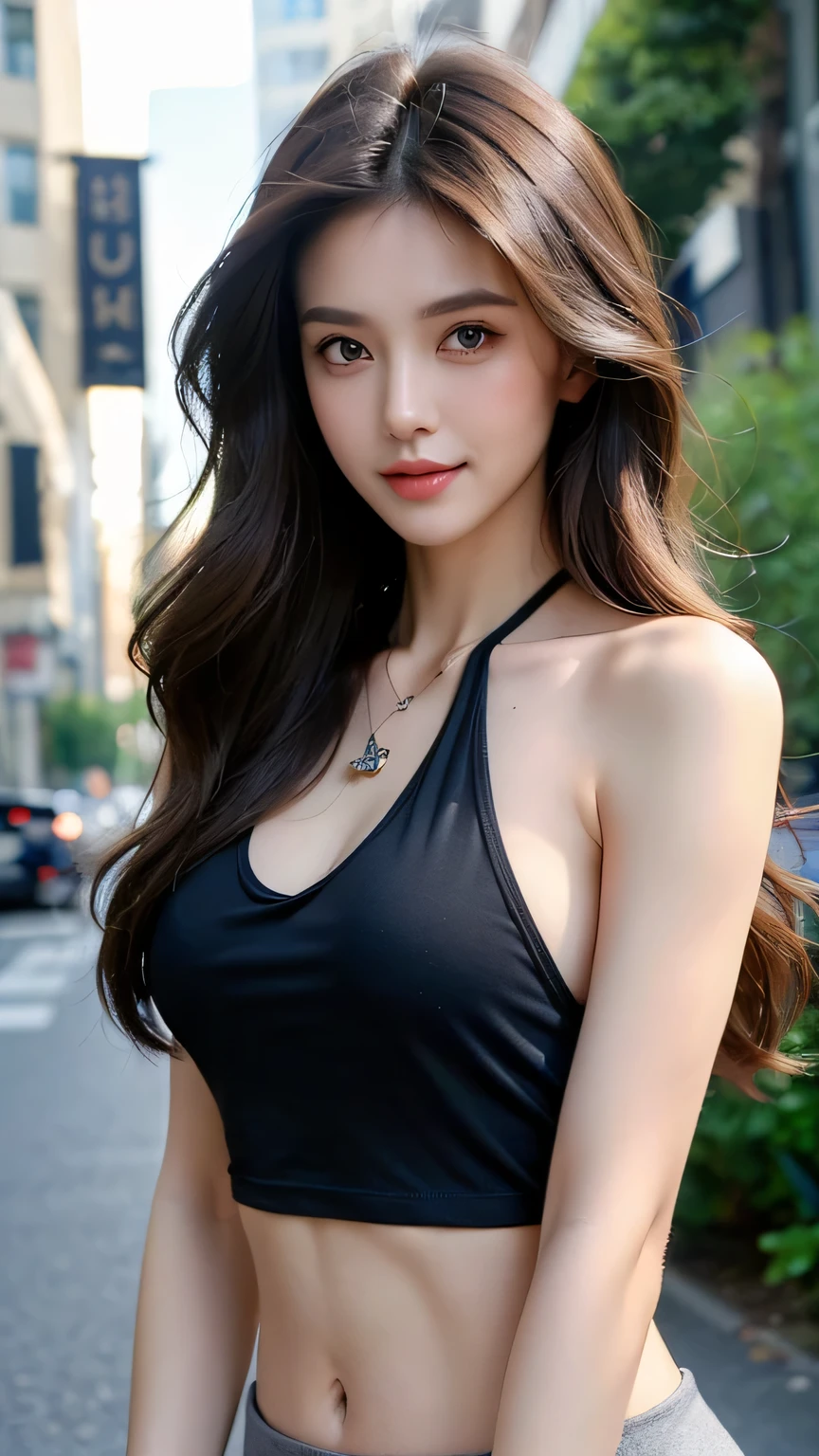 （Highest quality，High resolution，masterpiece：1.3），Tall and beautiful woman，Slim Abs，Loosely wavy dark brown hair，Medium Breast，Wear a pendant，（black tight night dress：1.3），（Modern architecture in the background），Beautifully detailed facial and skin texture，Detailed eyes，double eyelid，（Grin：1.3）