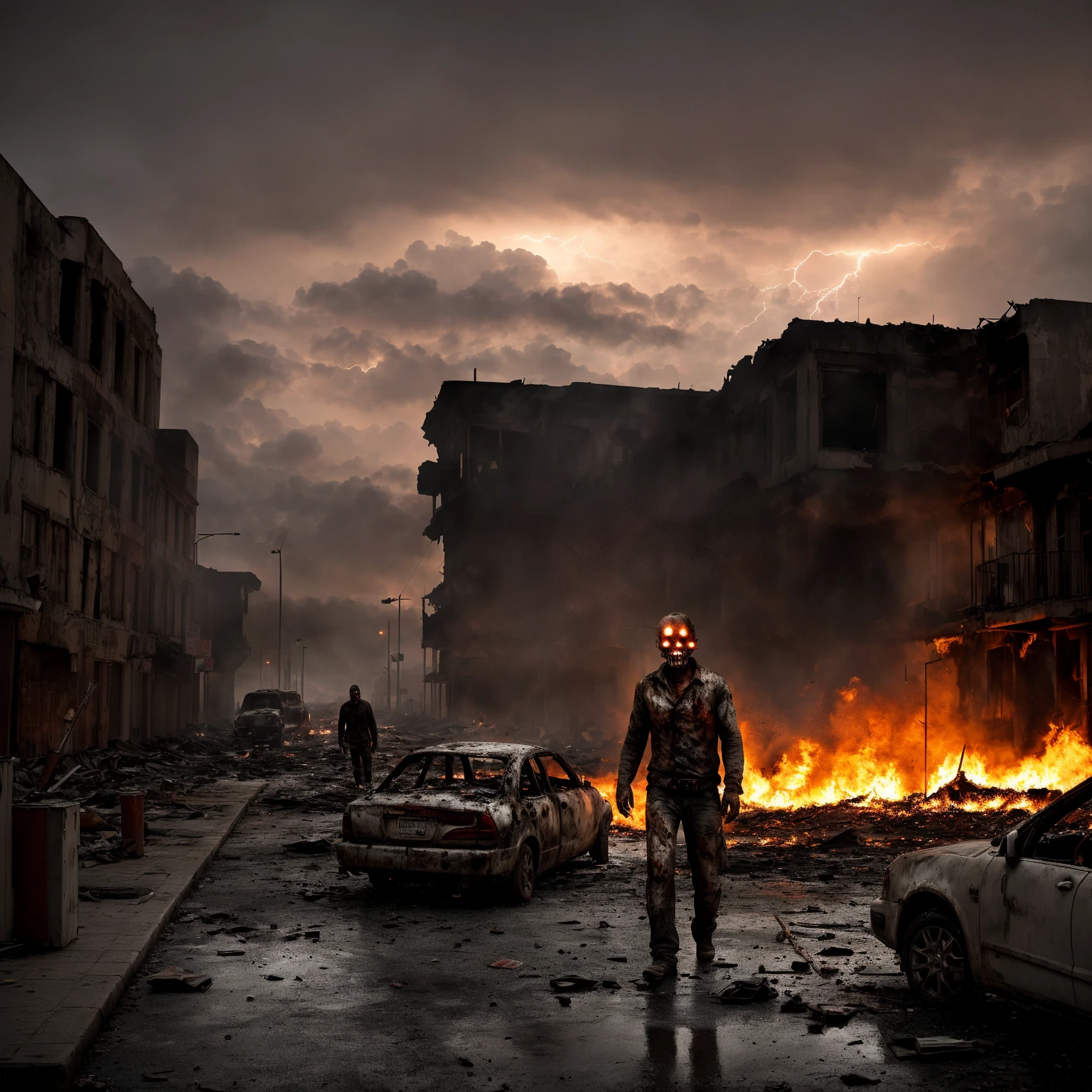 A zombie wanders among the rubble of a destroyed city, among the rubble remains of furniture and car parts emerge, in the background some monstrous creatures with red eyes can be glimpsed