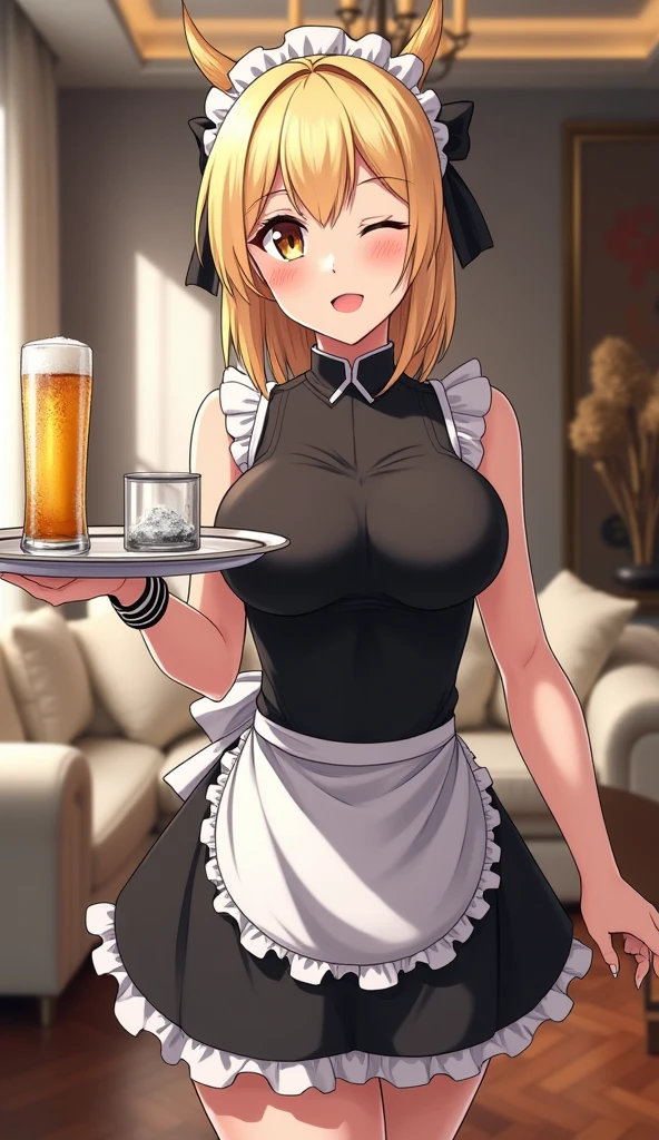 1girl, solo, (white apron), large breasts, cleavage, thighs, cafe background, (blushing:1.2), smiling