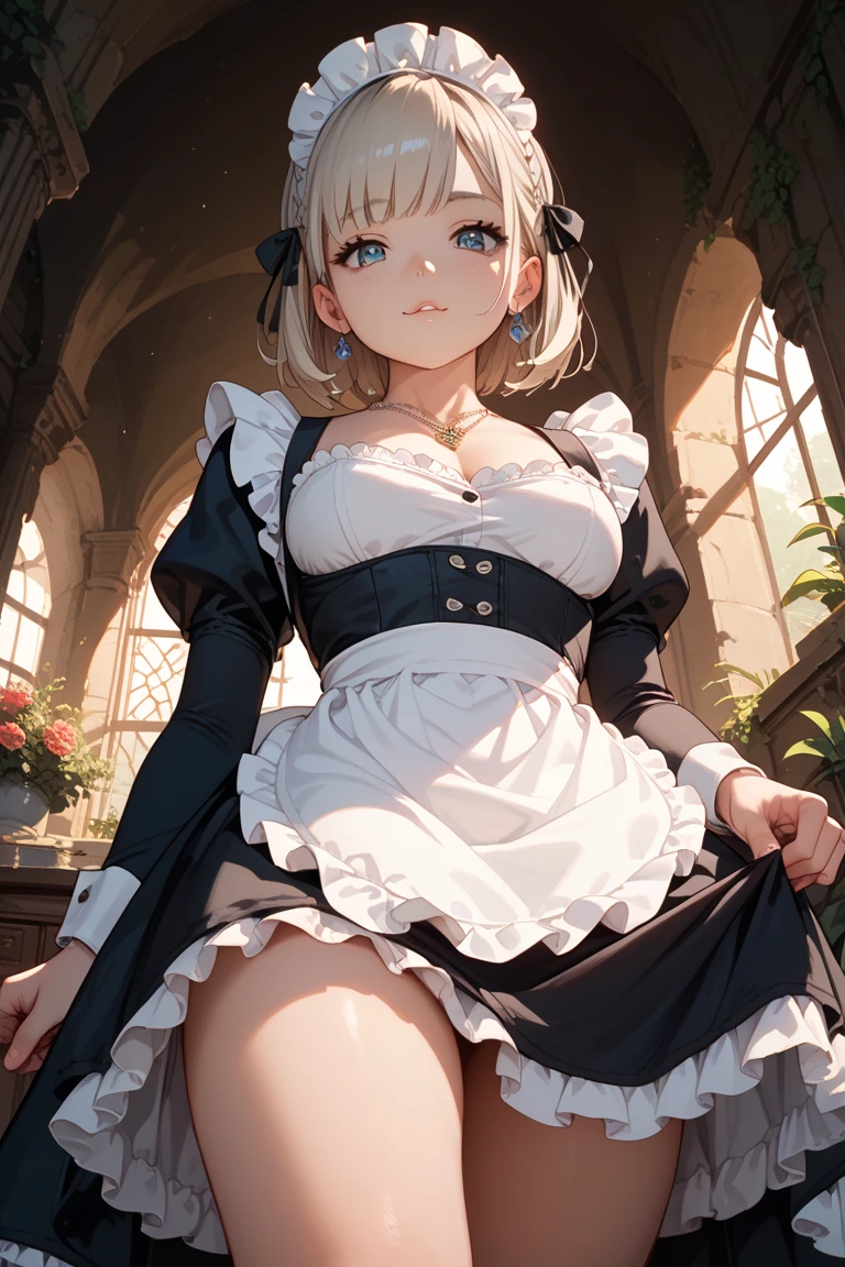 Tsunade, big breasts, deep cleavage, wearing a long black anime maid outfit, upskirt, white garter belt and stockings hands behind her back,   standing in a castle bedroom, pov, no nsfw