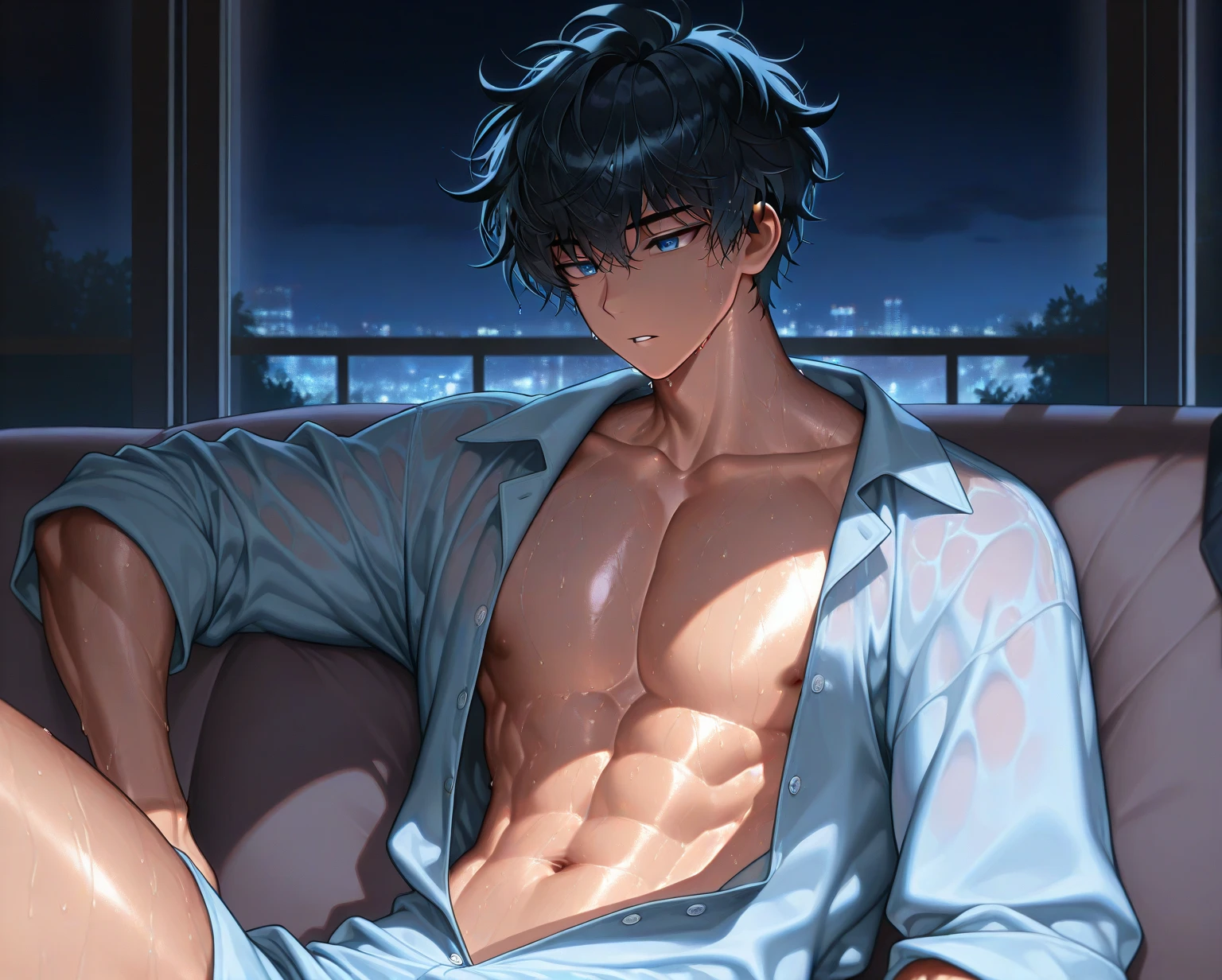 (absurd, high resolution, Extremely detailed),1 man, Mature and handsome man, Blushing smile，Seductive expression, Solitary, muscular, Muscle Man, High target, handsome guy, Big biceps, Abdominal muscles, thigh, Broad shoulders, Open the chest,Big bulge, Black short hair,sweat, Sweaty hair, Shirtless, Sit on the bed and relax, Black shorts, Viewers Watching, high resolution:1.2, best quality, Upper body shooting, Flat style, Ambiguous room background, Low photographic angle, Volumetric Lighting, Depth of Field, shadow,Romantic environment