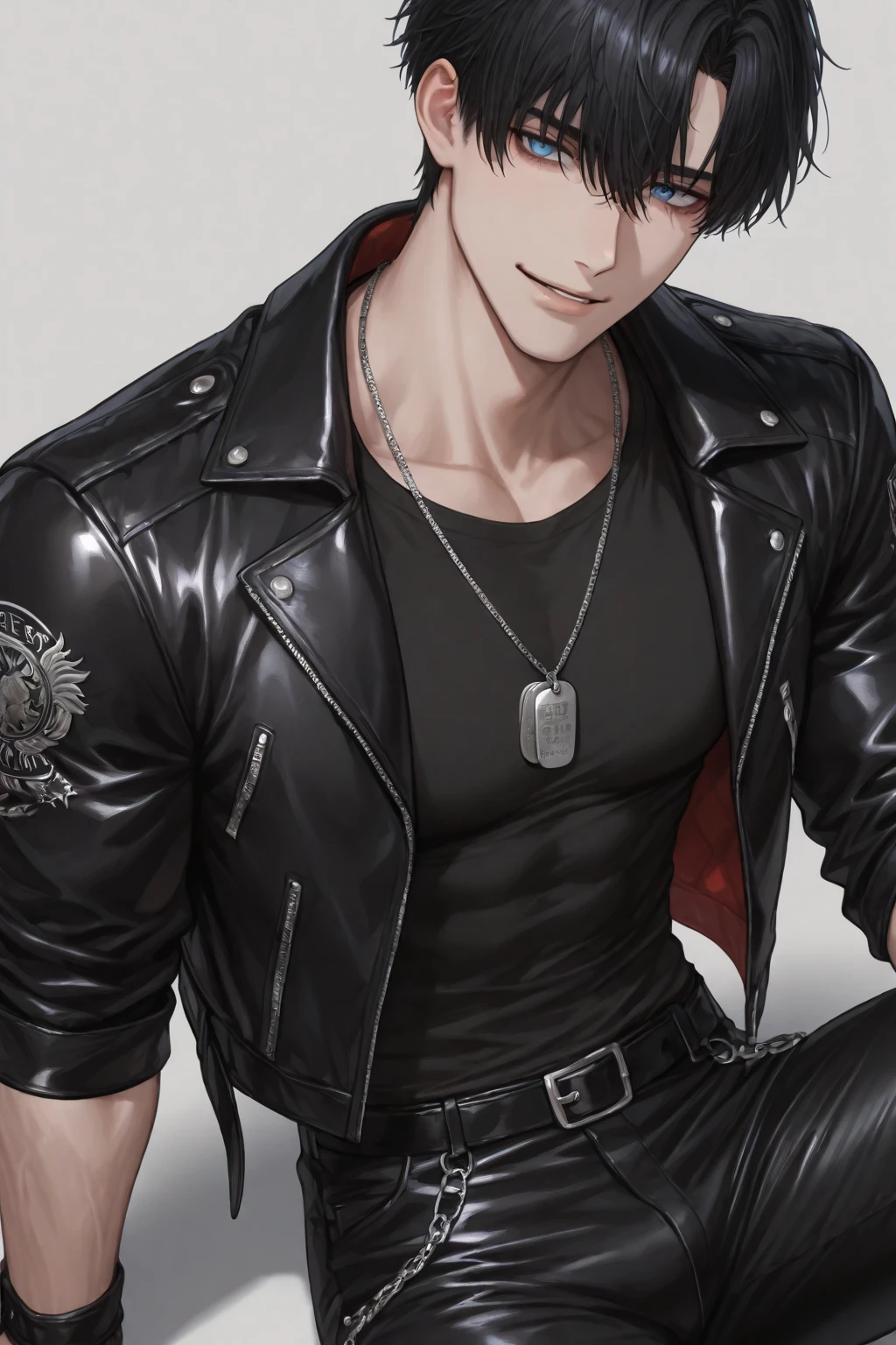 A fierce young man stands confidently, his intense gaze piercing through the viewer. He sports a stylish punk look, complete with a spiked leather jacket, layered necklaces, and a cross earring. His muscular physique is highlighted by a cropped tank top, revealing his chiseled abs. The background is a vibrant explosion of colors, adding to the dynamic and rebellious vibe of the scene.